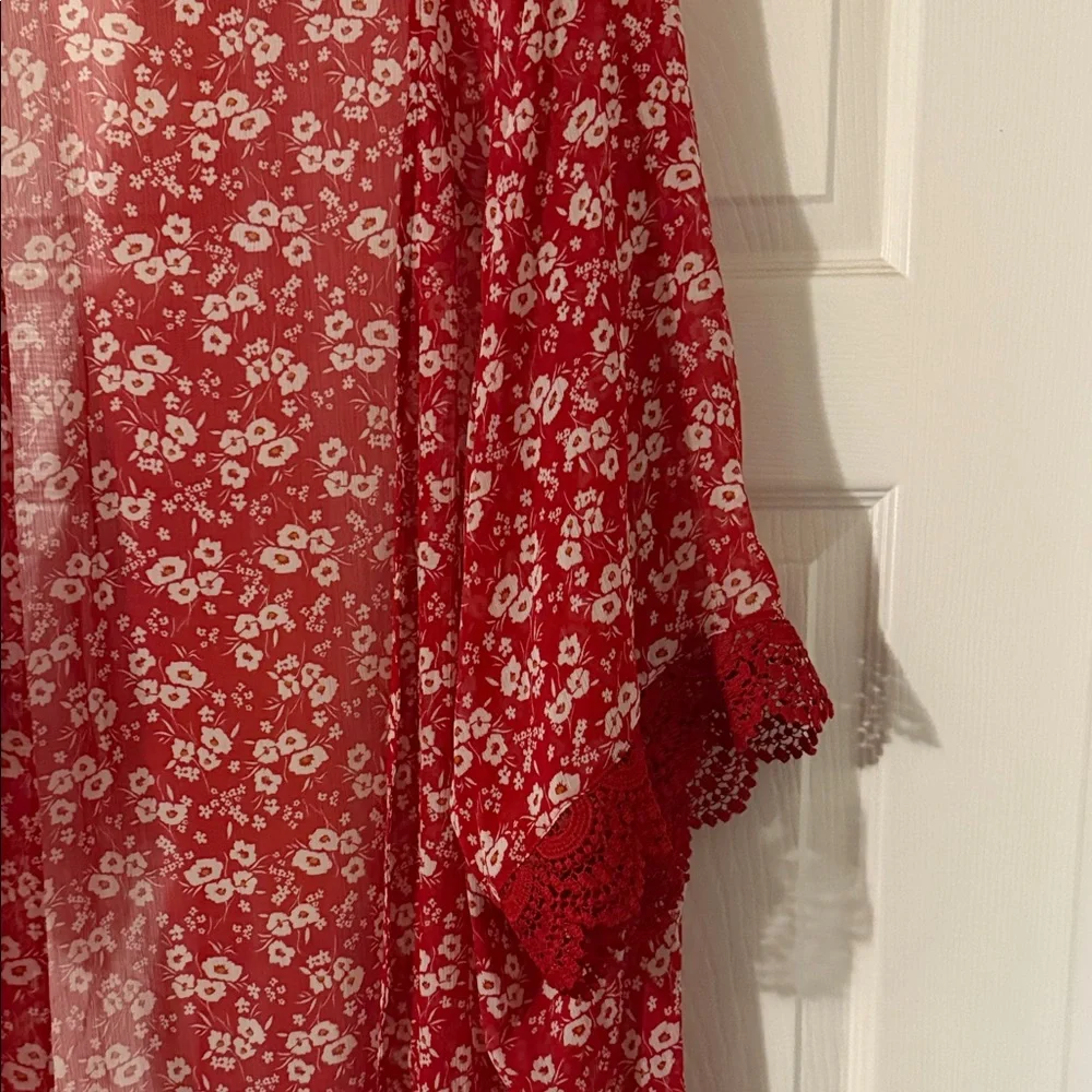 Maurices Red Floral Sheer Kimono Cardigan - Picture 4 of 5